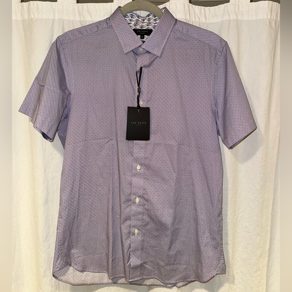 NWT: Ted Baker London Purple & White Diamond Pattern Short Sleeve Button Up 3